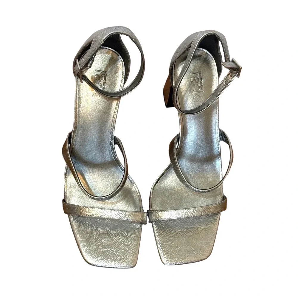 Silver Metallic Square Toe Block Heel Ankle Strap Sandal Heels Sz 9 Valentines - Picture 3 of 9